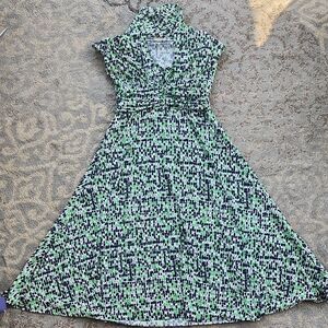 Vintage Luly K Sleevless Ruched Midi Dress Green Blue